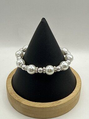 Vintage Style Faux Pearl Silver Bead Stretch Bracelet Coquette Bridal Chic Elega